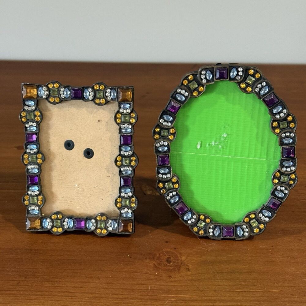 Set of 2 Vintage Style Jeweled Picture Frames Oval & Rectangle Purple Green Gold